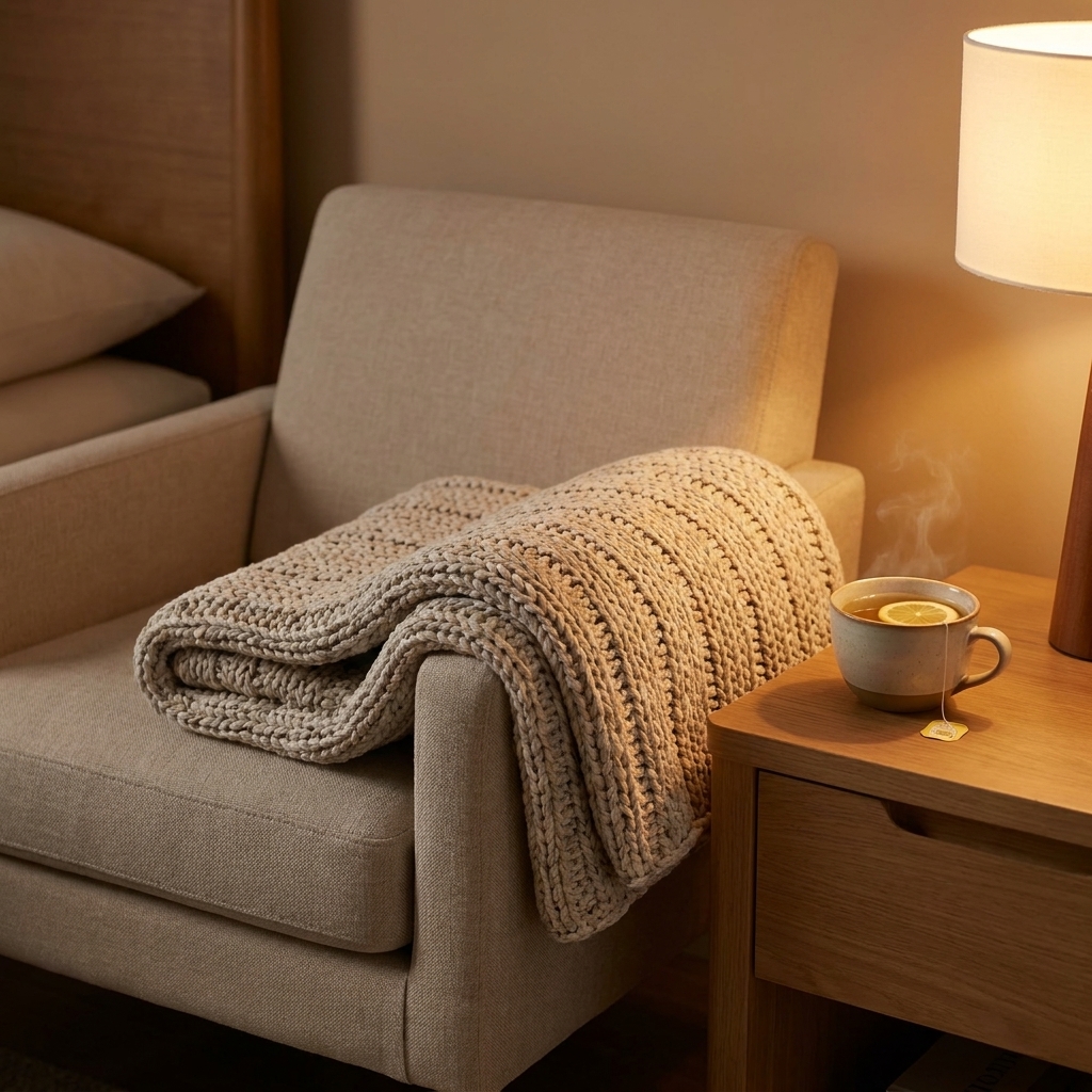 A textured weighted blanket folded over a simple armchair next to a nightstand with a cup of chamomile tea in a softly lit bedroom