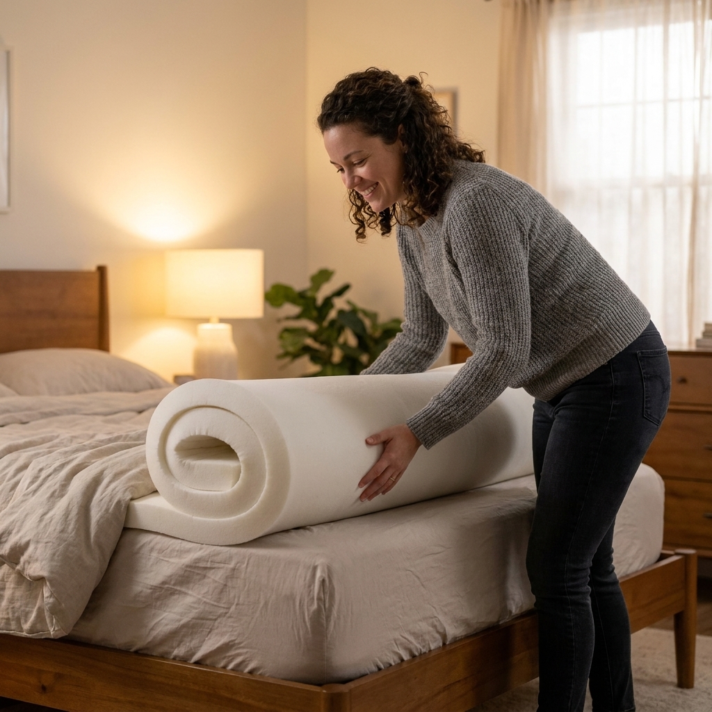 A thick mattress topper being unrolled on top of a bed in a softly lit bedroom