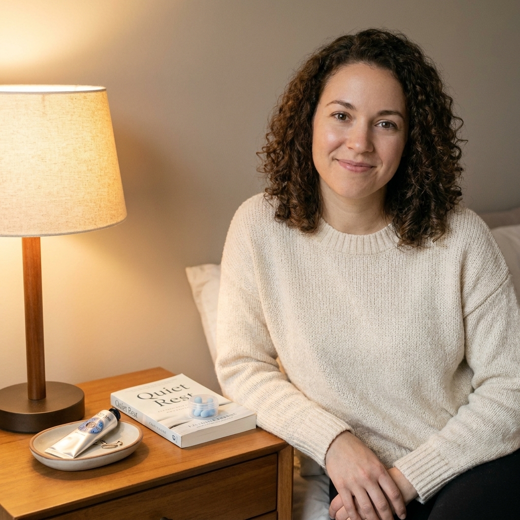 A tidy bedside table with a small catch-all tray holding hand cream, a book, and earplugs next to a softly glowing lamp