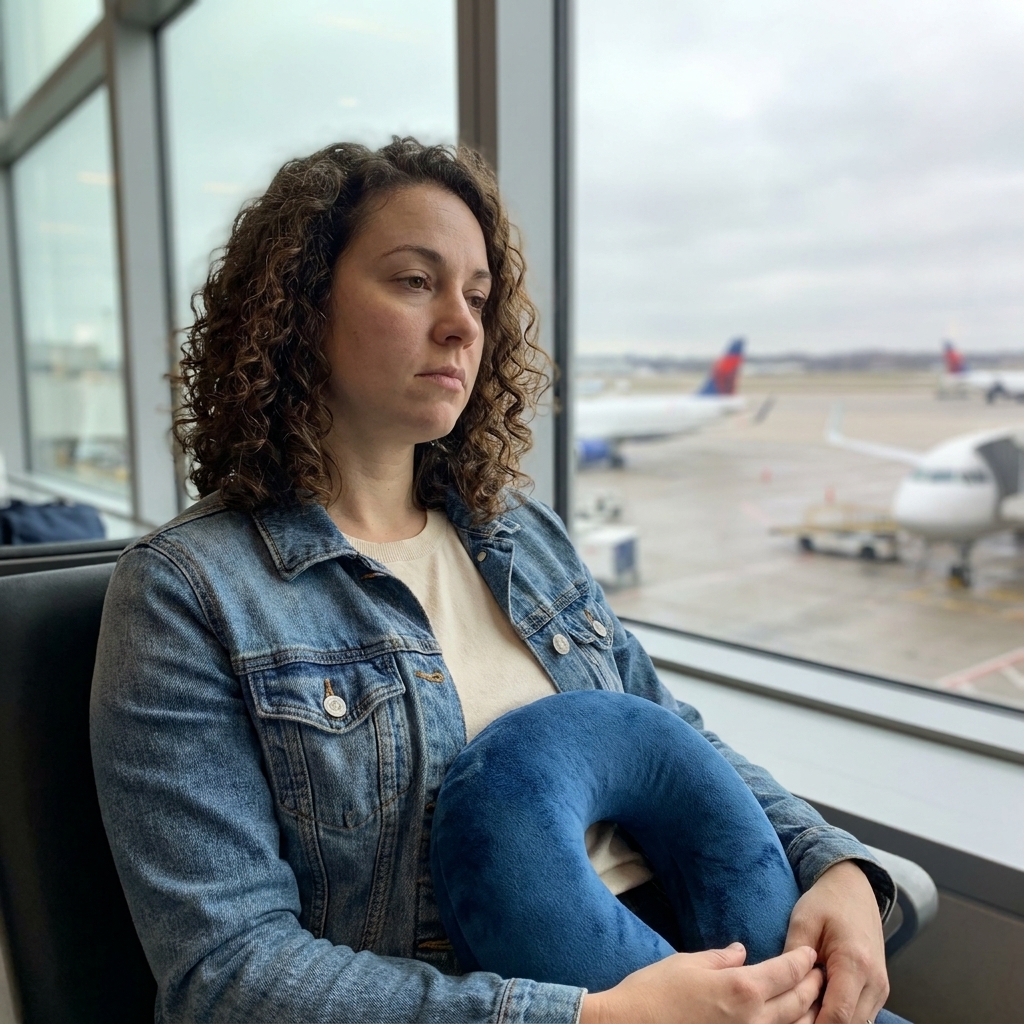 A tired traveler sitting by a large airport window, holding a neck pillow in their lap.