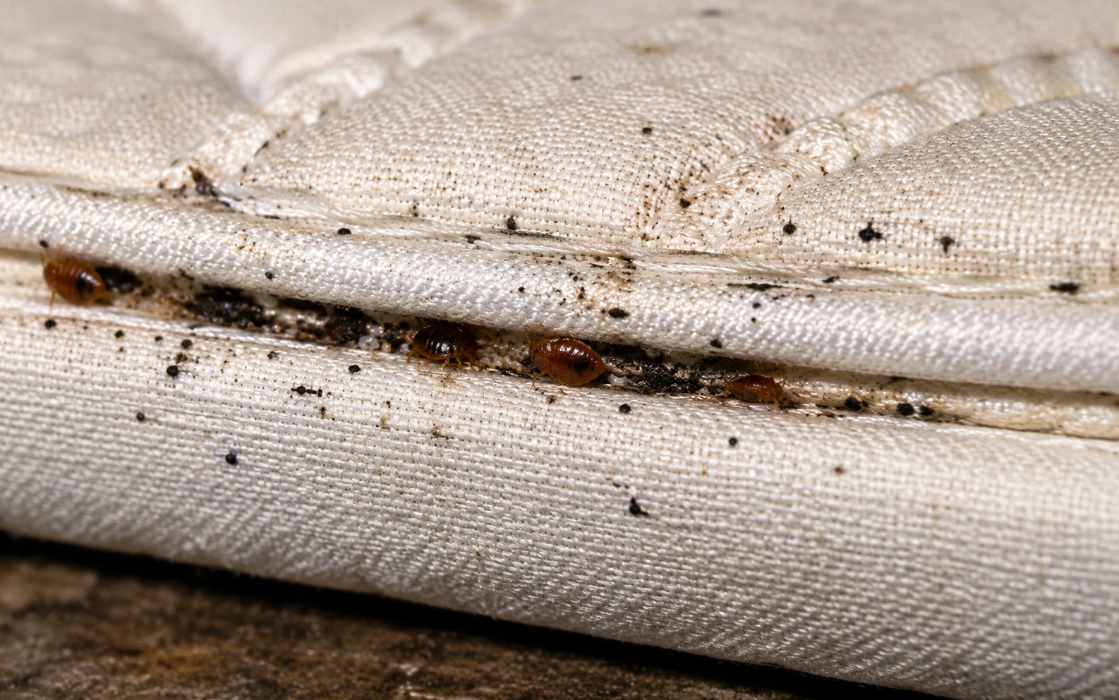 A view of a mattress seam with a small bed bug visible near the stitching