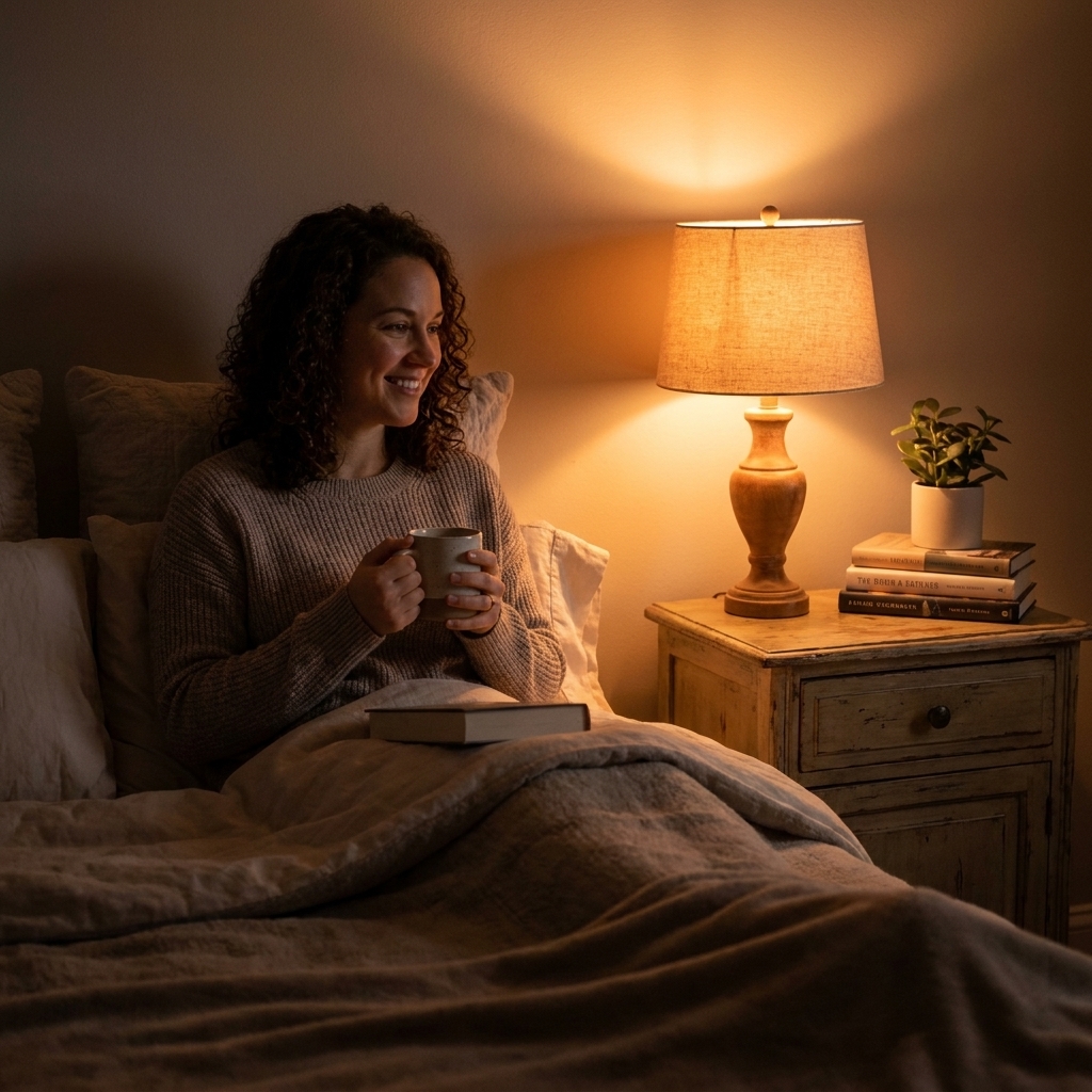 A warm bedside table lamp glowing in a dim bedroom at night, with soft shadows and a calm, cozy atmosphere