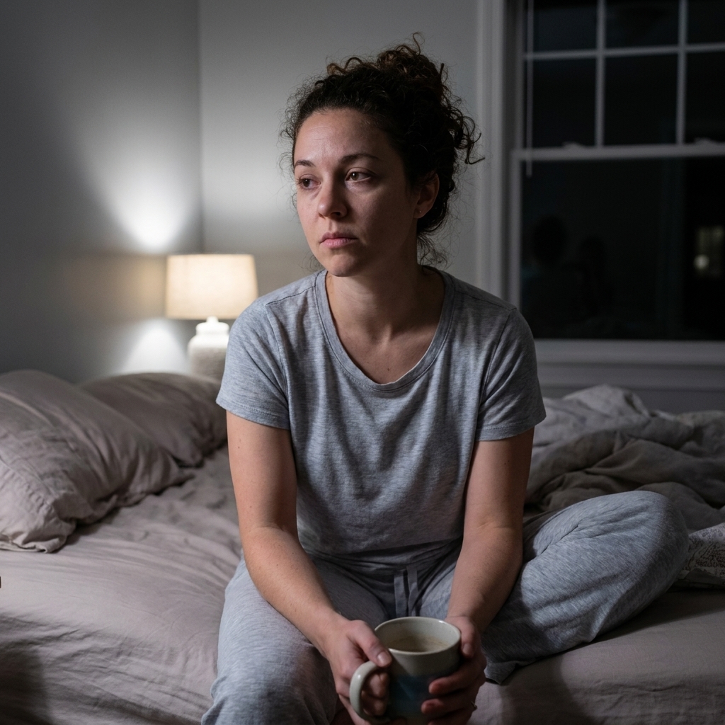 A woman sitting on the edge of a bed at night in a dim bedroom, looking tired and awake