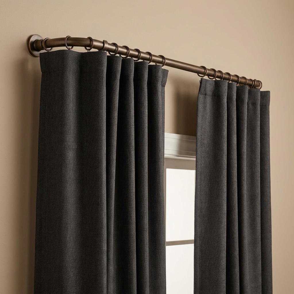 A wraparound curtain rod mounted above a bedroom window with blackout curtains curving back to meet the wall and reduce side light gaps
