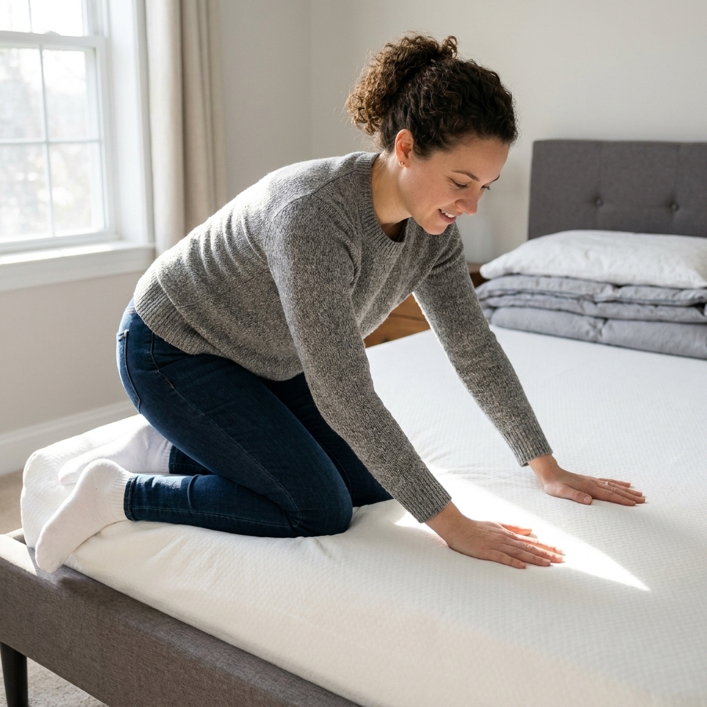 An adult in clean socks gently pressing and smoothing the top of a new mattress in a tidy bedroom