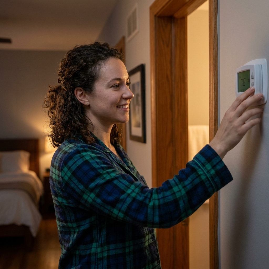 An adult in pajamas adjusting a wall thermostat in a hallway before bed