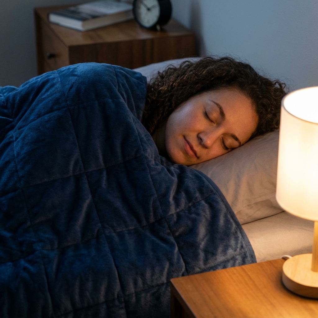 An adult sleeping on their side under a dark blue weighted blanket in a dim bedroom with a small bedside lamp glowing