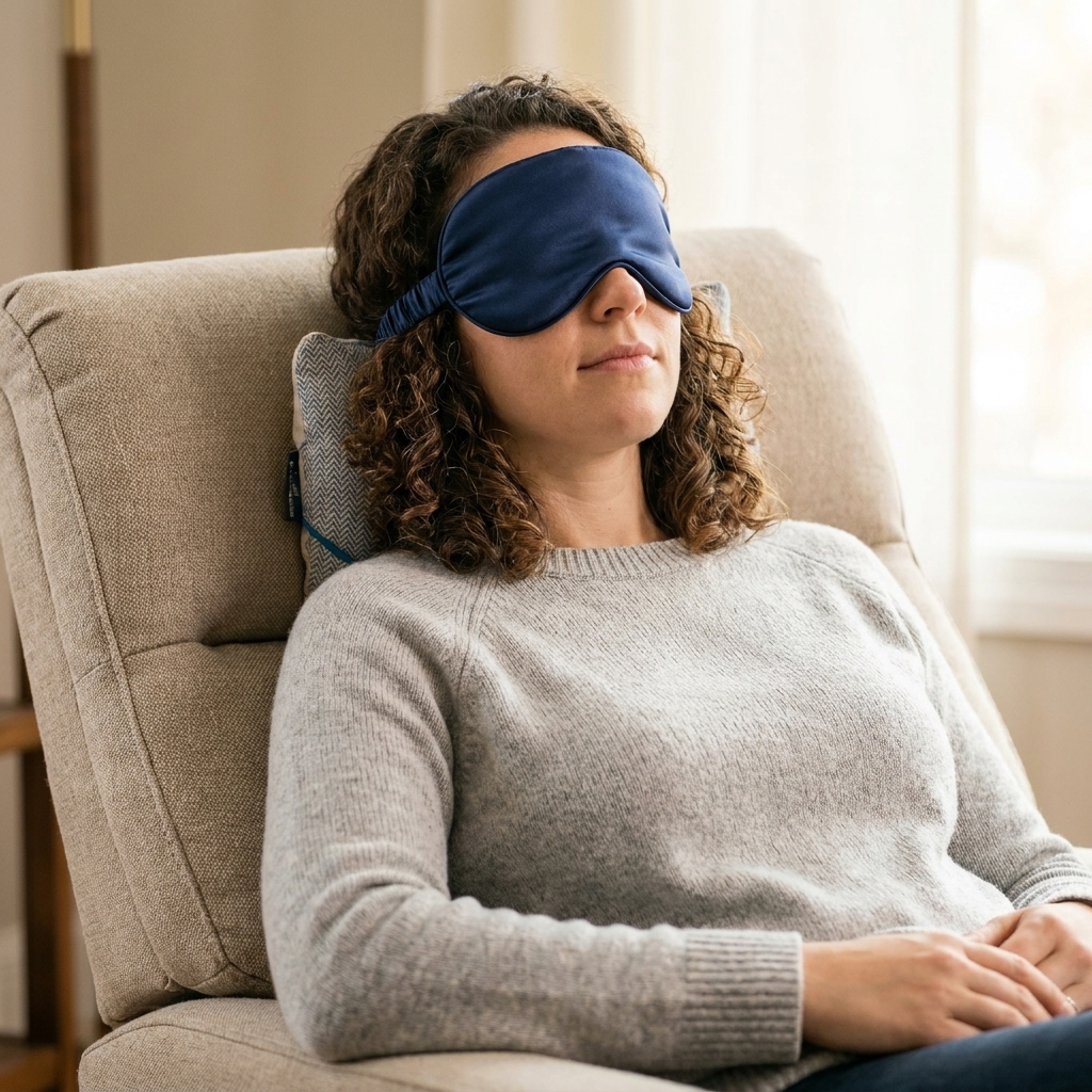 An adult wearing a soft sleep mask resting in a recliner with a small pillow supporting the neck.