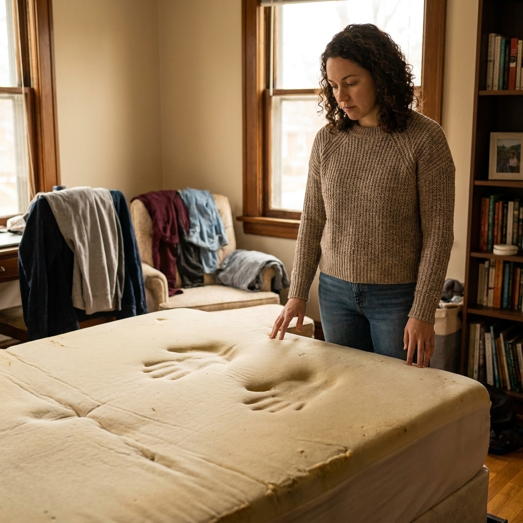An older memory foam mattress with visible body impressions across the sleep surface in a lived-in bedroom.