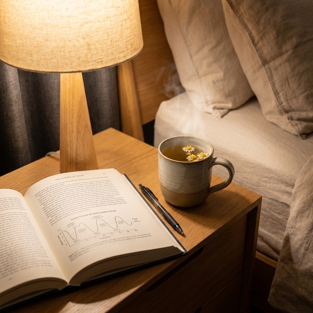 An open sleep science book on a side table next to a mug of chamomile tea under warm lamplight