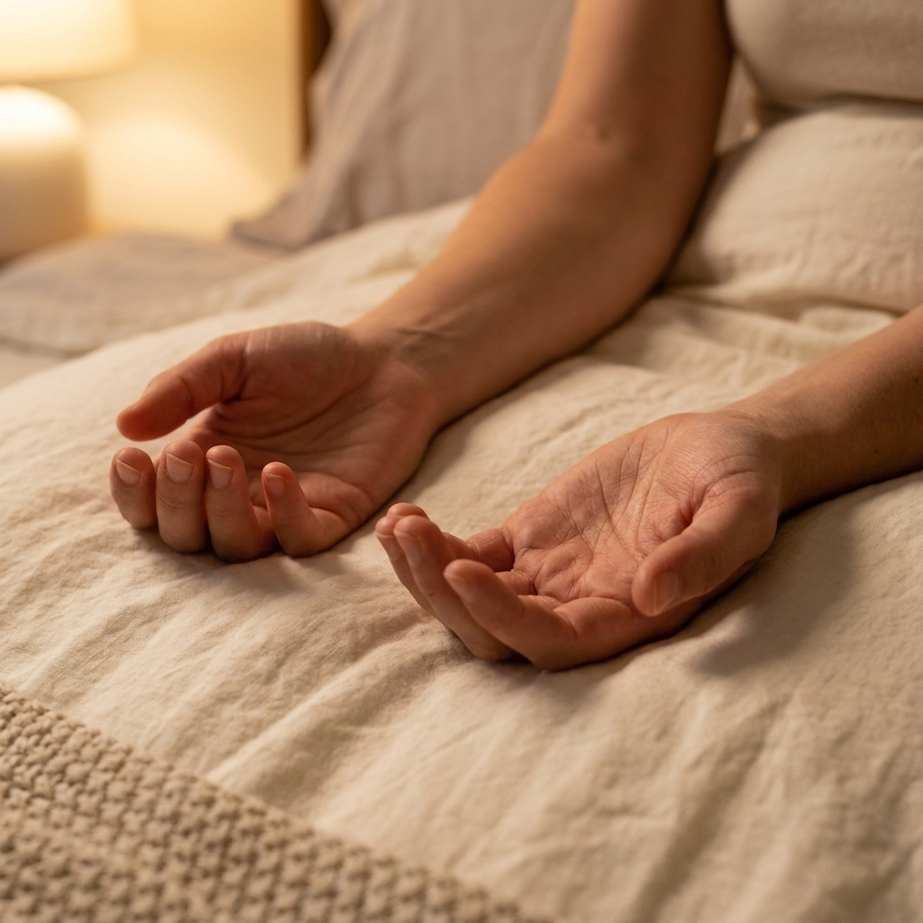 Close-up of a person’s relaxed hands resting open on a duvet in bed, with soft warm lighting suggesting a calm pre-sleep moment