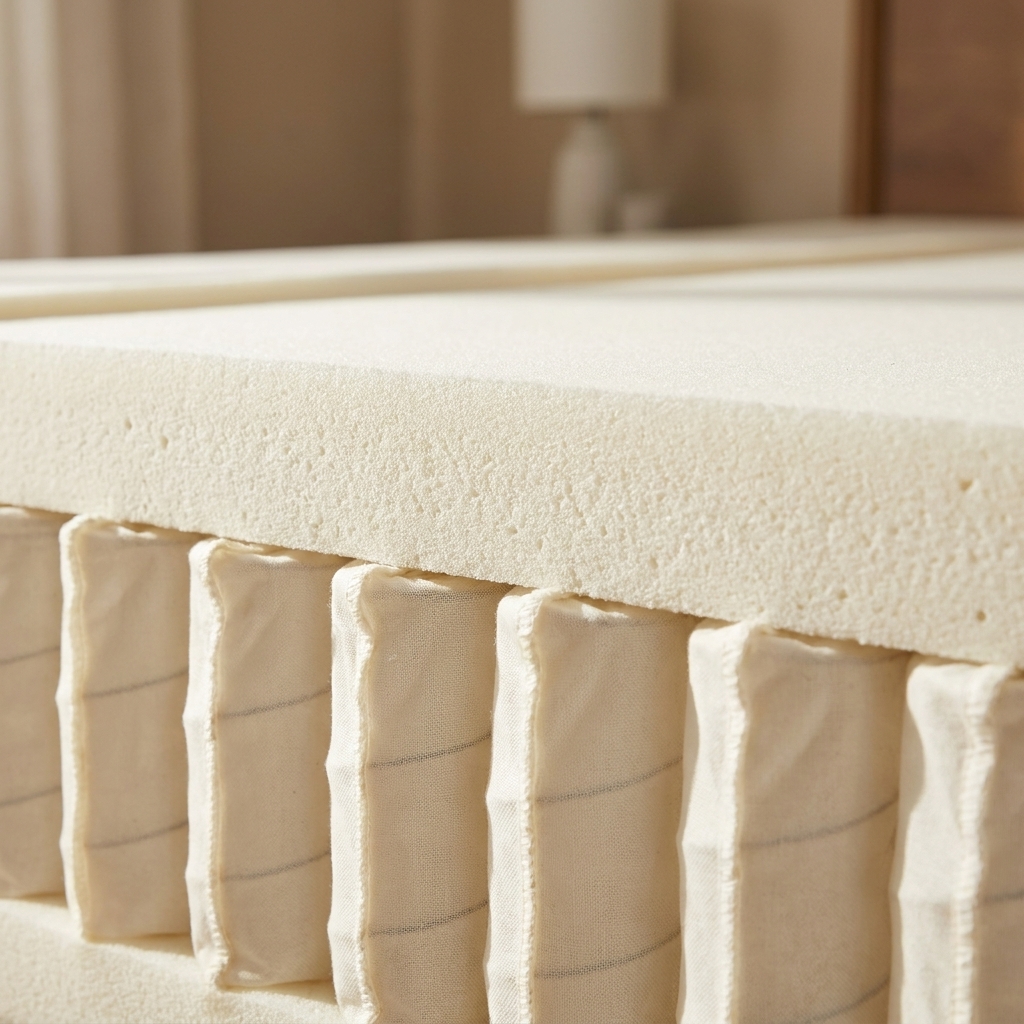 Close-up of pocketed coils inside a mattress with a foam layer above them, photographed in natural daylight