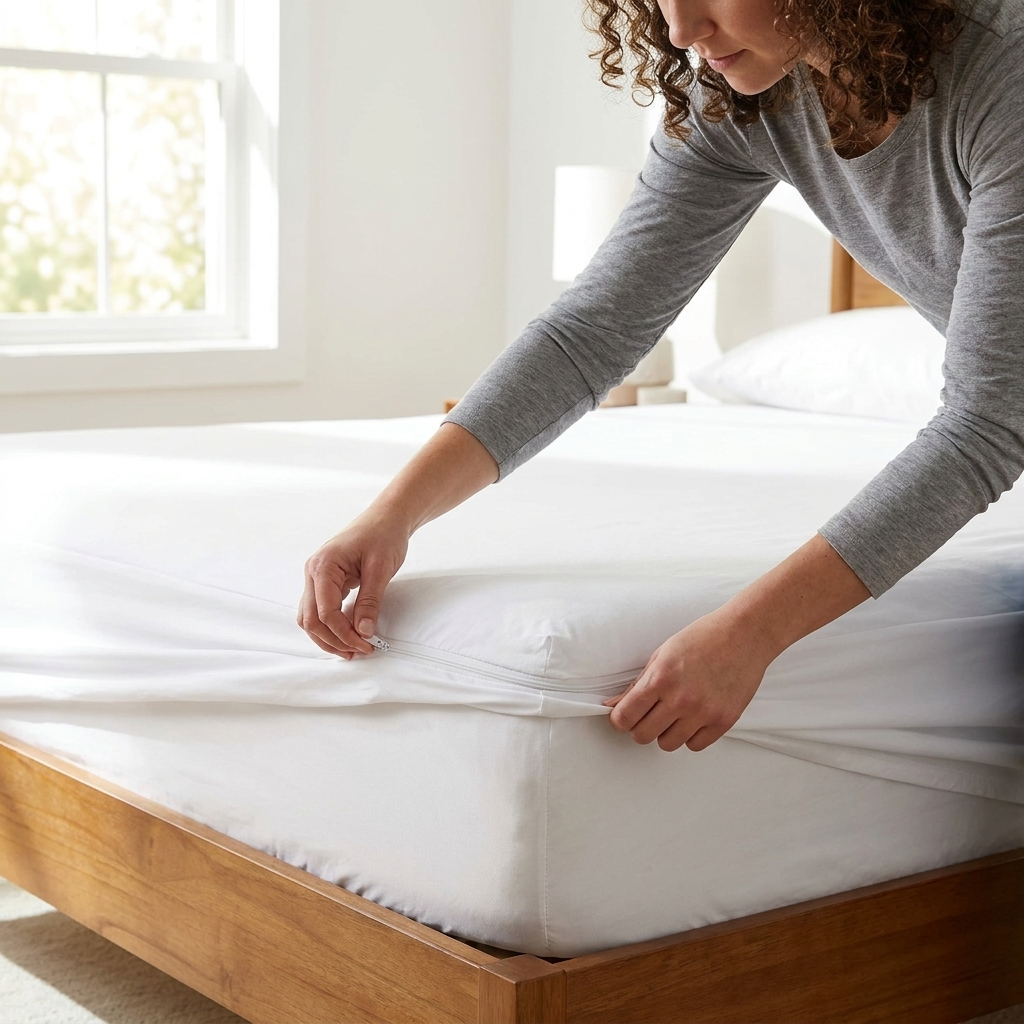 Hands zipping a white mattress encasement protector fully around a mattress in a bright bedroom.
