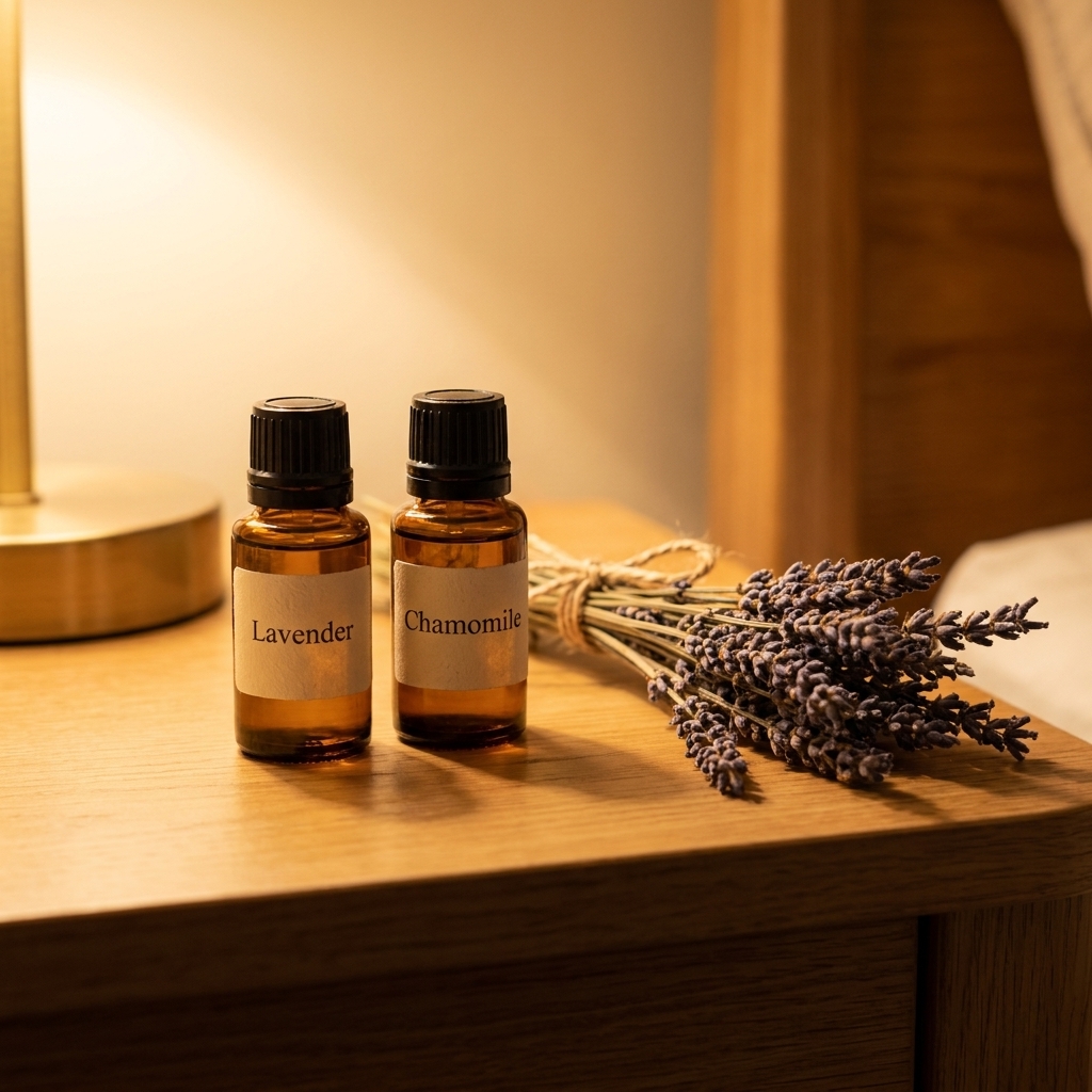 Two small essential oil bottles labeled lavender and chamomile sitting beside dried lavender sprigs on a bedside table under warm lamplight